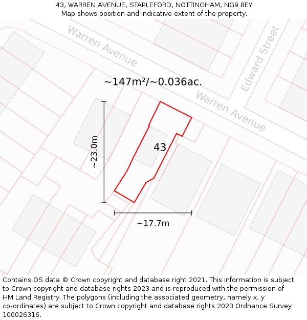 43, WARREN AVENUE, STAPLEFORD, NOTTINGHAM, NG9 8EY: Plot and title map
