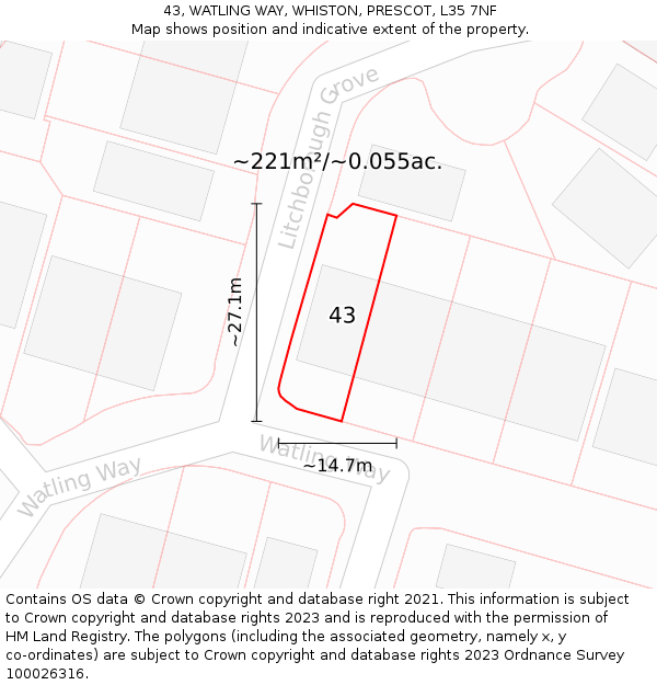 43, WATLING WAY, WHISTON, PRESCOT, L35 7NF: Plot and title map