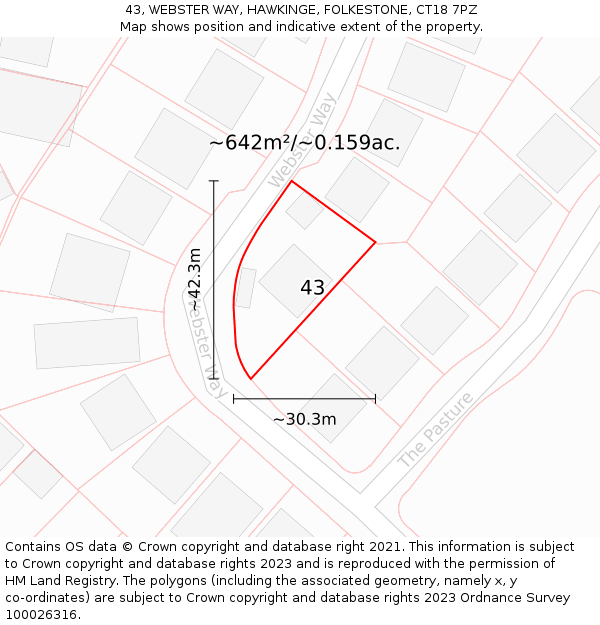43, WEBSTER WAY, HAWKINGE, FOLKESTONE, CT18 7PZ: Plot and title map