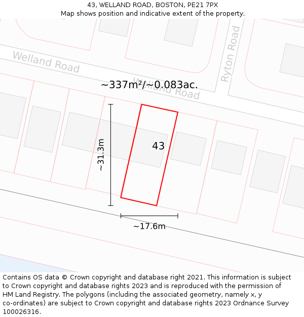 43, WELLAND ROAD, BOSTON, PE21 7PX: Plot and title map