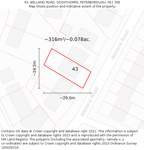 43, WELLAND ROAD, DOGSTHORPE, PETERBOROUGH, PE1 3SE: Plot and title map