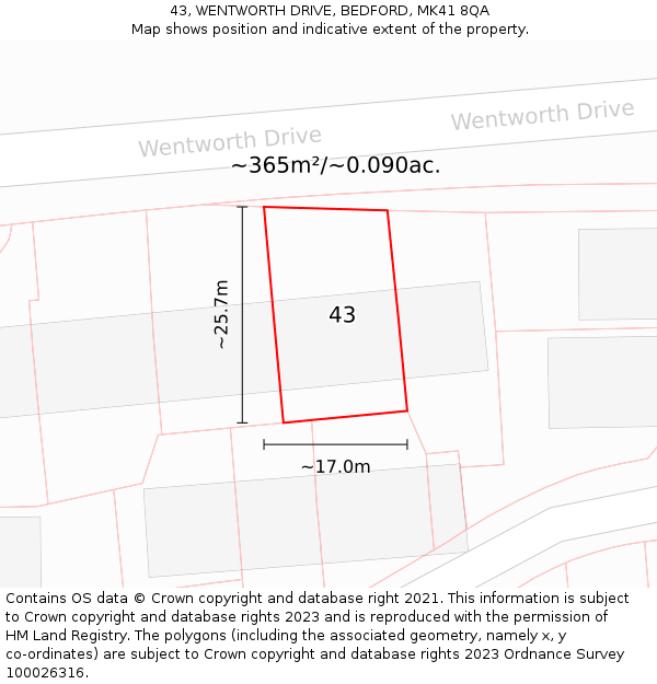 43, WENTWORTH DRIVE, BEDFORD, MK41 8QA: Plot and title map