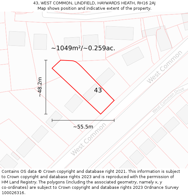 43, WEST COMMON, LINDFIELD, HAYWARDS HEATH, RH16 2AJ: Plot and title map