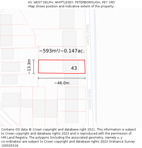43, WEST DELPH, WHITTLESEY, PETERBOROUGH, PE7 1RD: Plot and title map