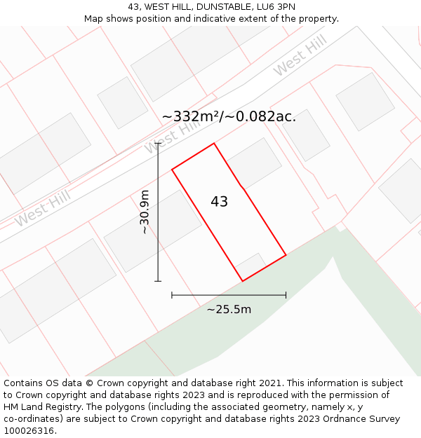 43, WEST HILL, DUNSTABLE, LU6 3PN: Plot and title map