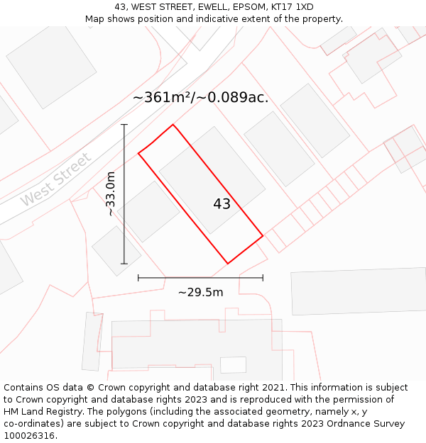 43, WEST STREET, EWELL, EPSOM, KT17 1XD: Plot and title map