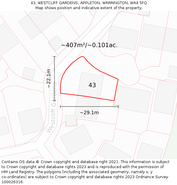 43, WESTCLIFF GARDENS, APPLETON, WARRINGTON, WA4 5FQ: Plot and title map