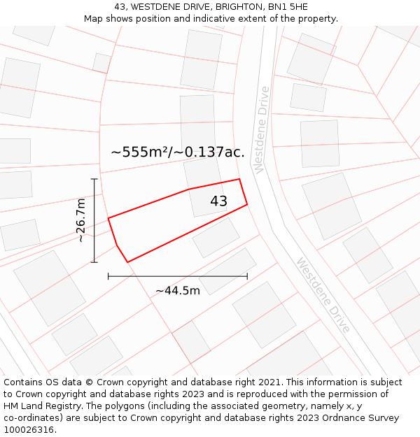 43, WESTDENE DRIVE, BRIGHTON, BN1 5HE: Plot and title map
