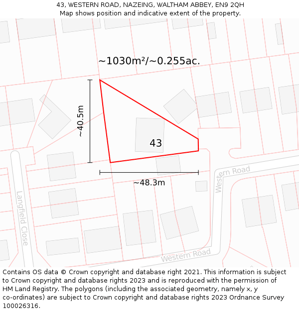 43, WESTERN ROAD, NAZEING, WALTHAM ABBEY, EN9 2QH: Plot and title map