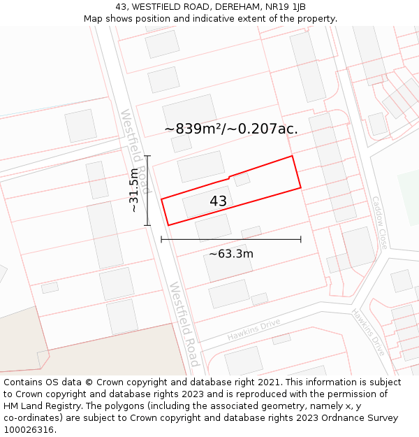 43, WESTFIELD ROAD, DEREHAM, NR19 1JB: Plot and title map