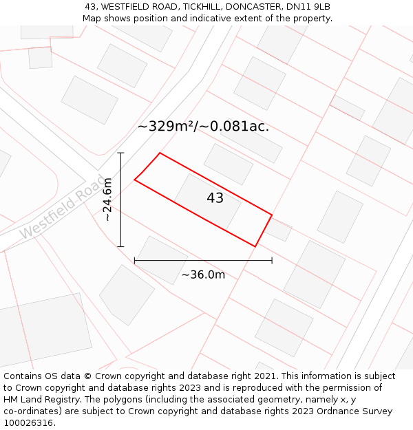 43, WESTFIELD ROAD, TICKHILL, DONCASTER, DN11 9LB: Plot and title map