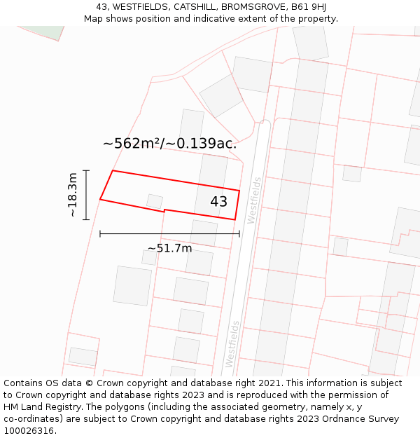 43, WESTFIELDS, CATSHILL, BROMSGROVE, B61 9HJ: Plot and title map