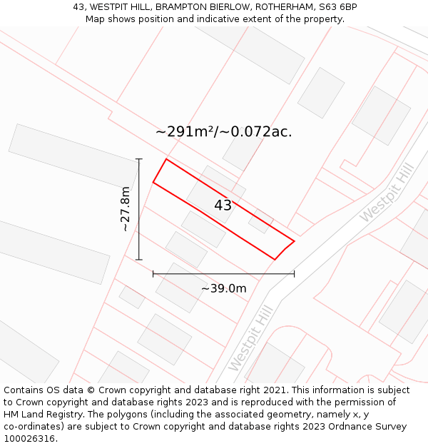 43, WESTPIT HILL, BRAMPTON BIERLOW, ROTHERHAM, S63 6BP: Plot and title map
