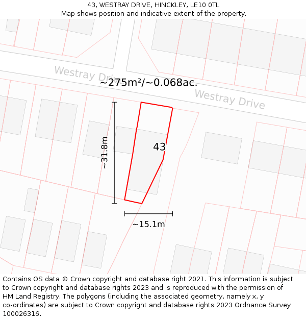 43, WESTRAY DRIVE, HINCKLEY, LE10 0TL: Plot and title map