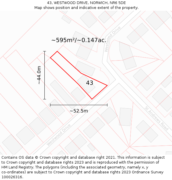 43, WESTWOOD DRIVE, NORWICH, NR6 5DE: Plot and title map