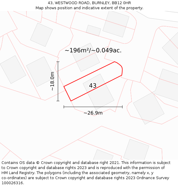 43, WESTWOOD ROAD, BURNLEY, BB12 0HR: Plot and title map