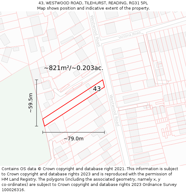 43, WESTWOOD ROAD, TILEHURST, READING, RG31 5PL: Plot and title map