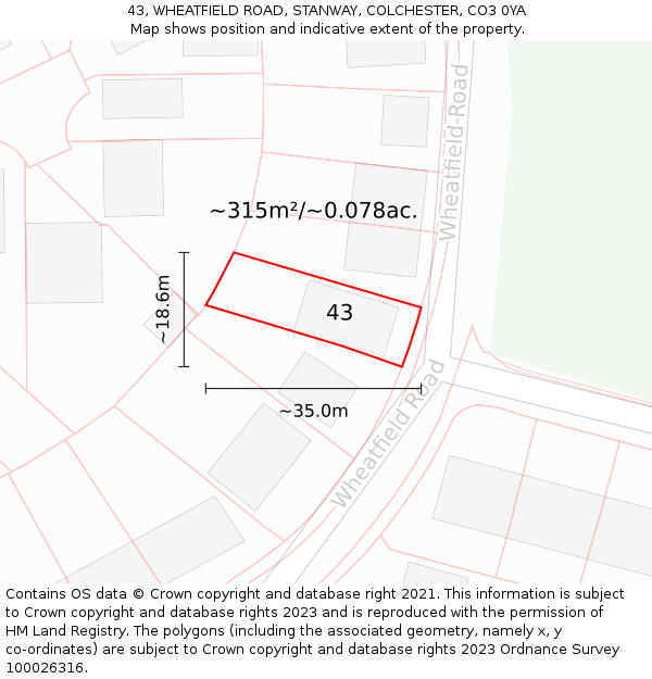 43, WHEATFIELD ROAD, STANWAY, COLCHESTER, CO3 0YA: Plot and title map