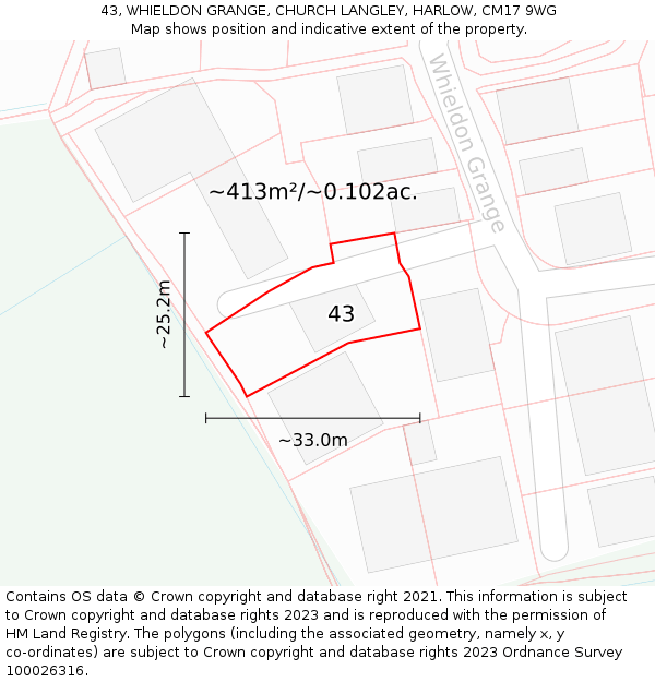 43, WHIELDON GRANGE, CHURCH LANGLEY, HARLOW, CM17 9WG: Plot and title map