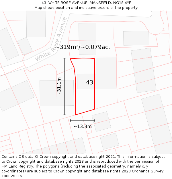 43, WHITE ROSE AVENUE, MANSFIELD, NG18 4YF: Plot and title map