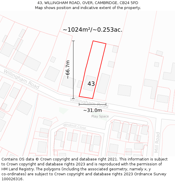 43, WILLINGHAM ROAD, OVER, CAMBRIDGE, CB24 5PD: Plot and title map