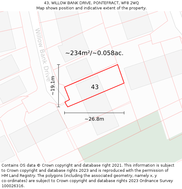 43, WILLOW BANK DRIVE, PONTEFRACT, WF8 2WQ: Plot and title map