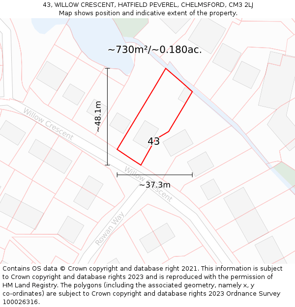 43, WILLOW CRESCENT, HATFIELD PEVEREL, CHELMSFORD, CM3 2LJ: Plot and title map