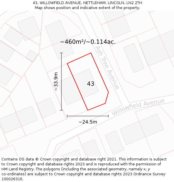43, WILLOWFIELD AVENUE, NETTLEHAM, LINCOLN, LN2 2TH: Plot and title map