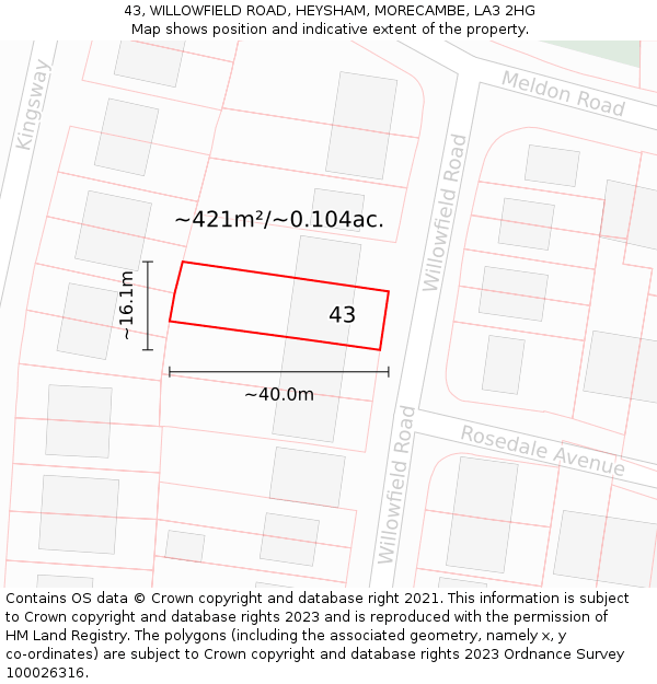43, WILLOWFIELD ROAD, HEYSHAM, MORECAMBE, LA3 2HG: Plot and title map