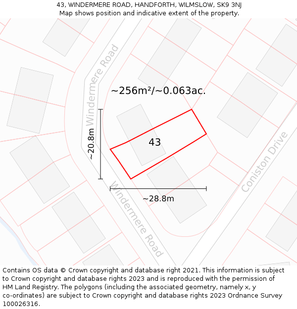 43, WINDERMERE ROAD, HANDFORTH, WILMSLOW, SK9 3NJ: Plot and title map