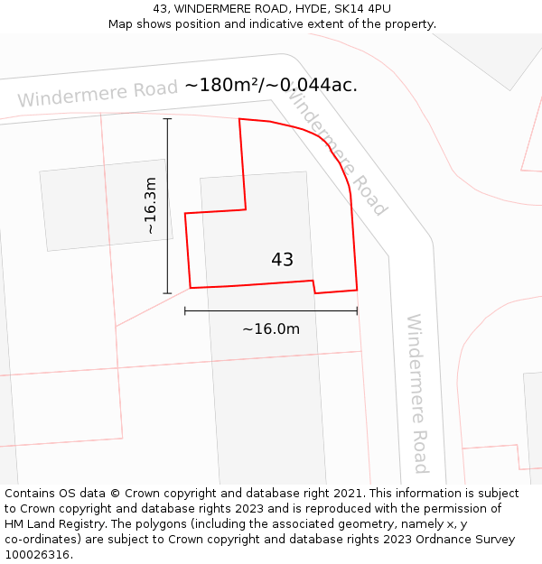 43, WINDERMERE ROAD, HYDE, SK14 4PU: Plot and title map