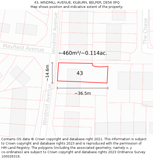 43, WINDMILL AVENUE, KILBURN, BELPER, DE56 0PQ: Plot and title map