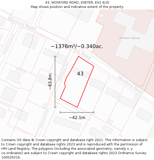 43, WONFORD ROAD, EXETER, EX2 4UD: Plot and title map