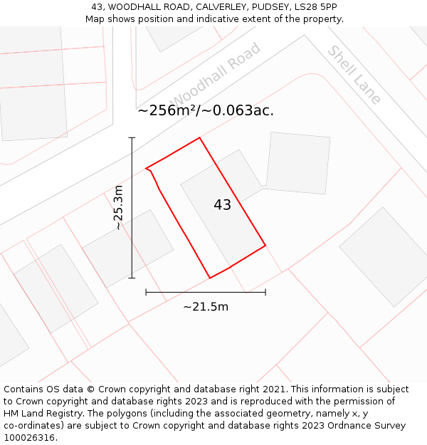 43, WOODHALL ROAD, CALVERLEY, PUDSEY, LS28 5PP: Plot and title map
