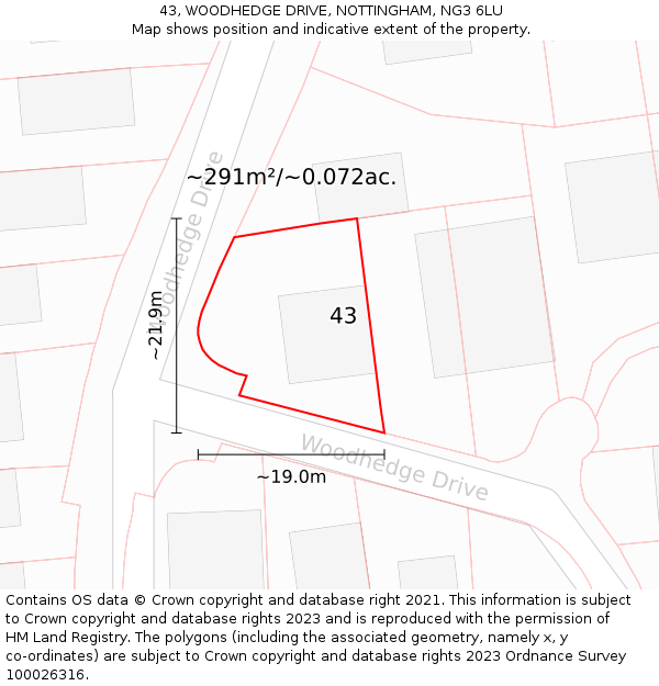 43, WOODHEDGE DRIVE, NOTTINGHAM, NG3 6LU: Plot and title map