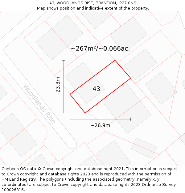 43, WOODLANDS RISE, BRANDON, IP27 0NS: Plot and title map