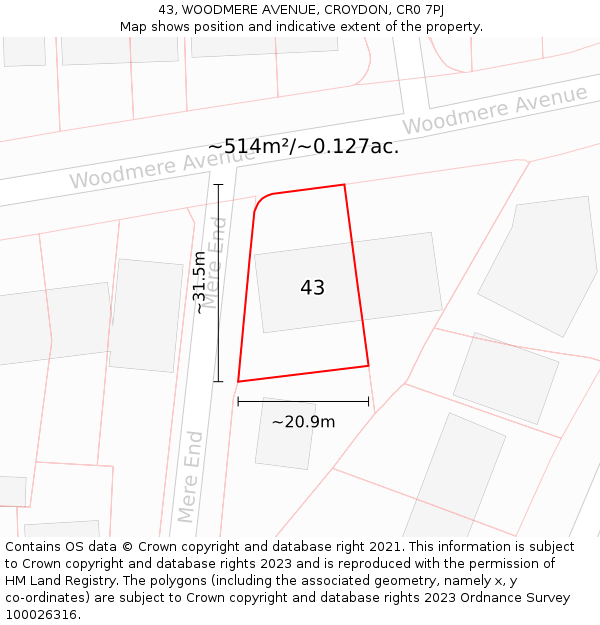 43, WOODMERE AVENUE, CROYDON, CR0 7PJ: Plot and title map