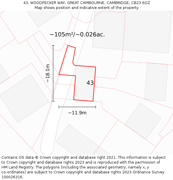 43, WOODPECKER WAY, GREAT CAMBOURNE, CAMBRIDGE, CB23 6GZ: Plot and title map