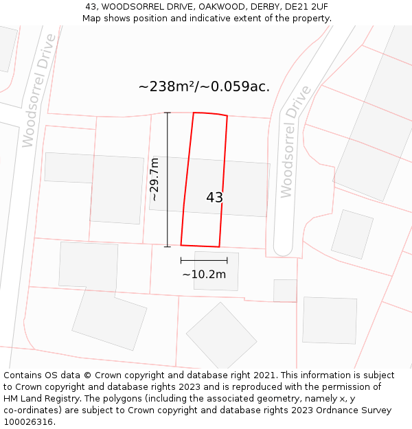 43, WOODSORREL DRIVE, OAKWOOD, DERBY, DE21 2UF: Plot and title map