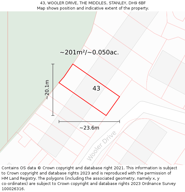 43, WOOLER DRIVE, THE MIDDLES, STANLEY, DH9 6BF: Plot and title map