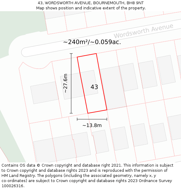 43, WORDSWORTH AVENUE, BOURNEMOUTH, BH8 9NT: Plot and title map
