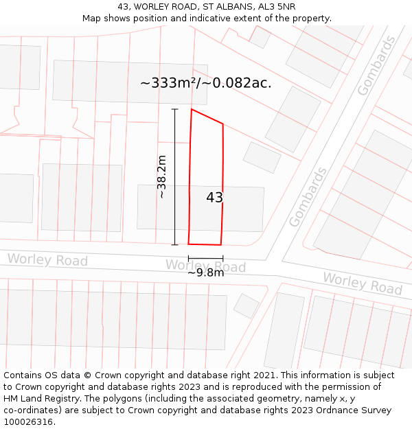 43, WORLEY ROAD, ST ALBANS, AL3 5NR: Plot and title map