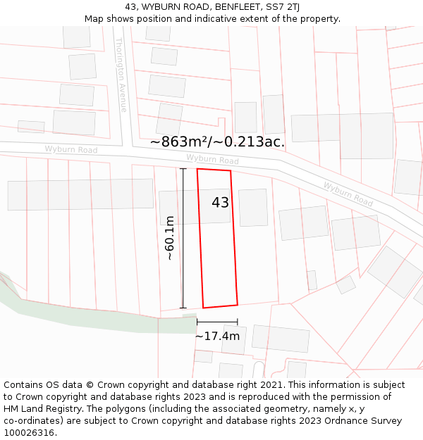 43, WYBURN ROAD, BENFLEET, SS7 2TJ: Plot and title map