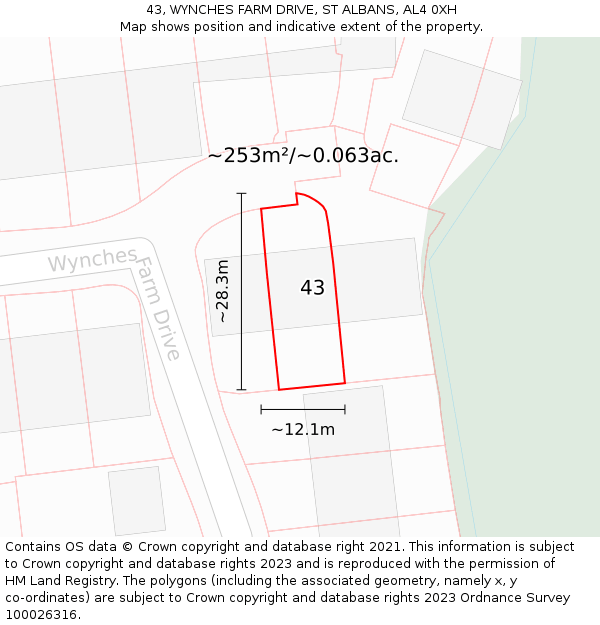 43, WYNCHES FARM DRIVE, ST ALBANS, AL4 0XH: Plot and title map