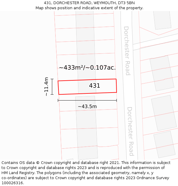 431, DORCHESTER ROAD, WEYMOUTH, DT3 5BN: Plot and title map
