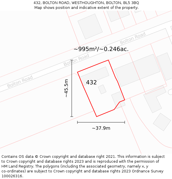 432, BOLTON ROAD, WESTHOUGHTON, BOLTON, BL5 3BQ: Plot and title map