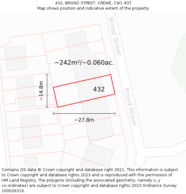 432, BROAD STREET, CREWE, CW1 4GT: Plot and title map