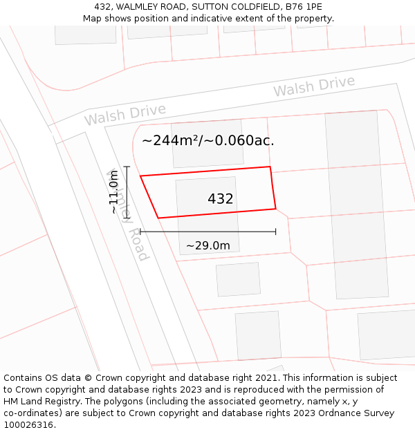432, WALMLEY ROAD, SUTTON COLDFIELD, B76 1PE: Plot and title map