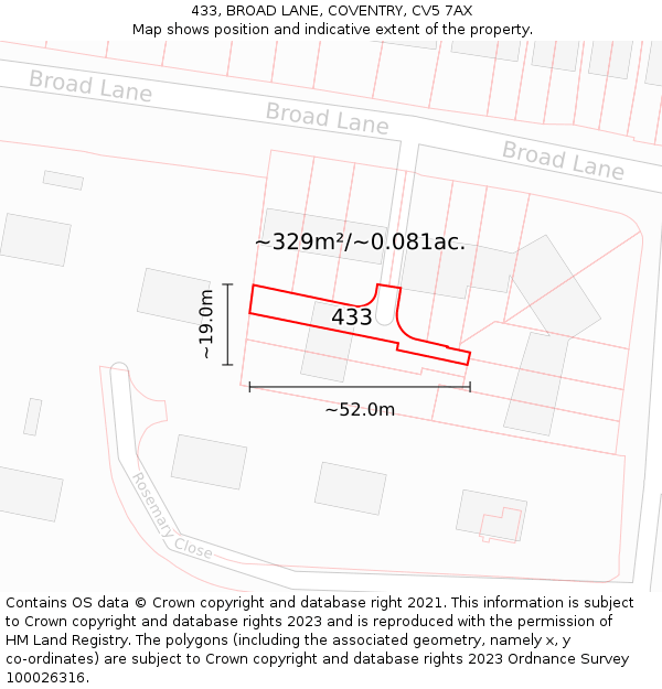 433, BROAD LANE, COVENTRY, CV5 7AX: Plot and title map