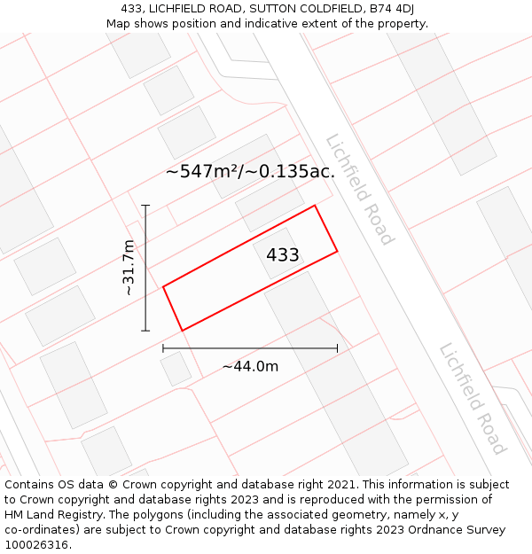 433, LICHFIELD ROAD, SUTTON COLDFIELD, B74 4DJ: Plot and title map